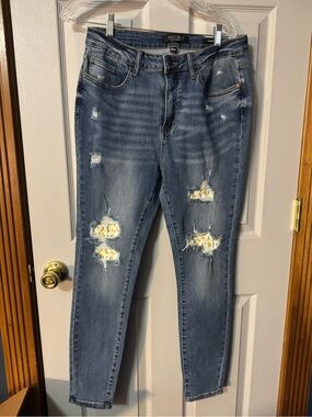 Judy Blue Medium Wash Skinny Jeans with Yellow Floral I Patch Detail